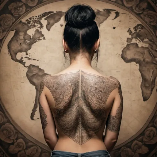 Prompt: create an image of a woman with ancient tattoos all over her back. the woman is standing, we are looking at her from behind. she is looking directly away from the camera. we can see her full tattoos. we ca not see her face. the image goes down to her waist. she is not wearing any clothes

have the tattoos look like they could be a map to an ancient vizilation. 

