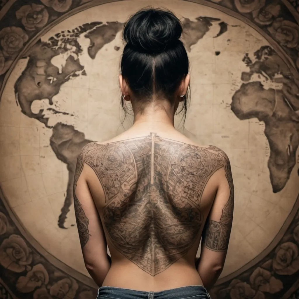 Prompt: create an image of a woman with ancient tattoos all over her back. the woman is standing, we are looking at her from behind. she is looking directly away from the camera. we can see her full tattoos. we ca not see her face. the image goes down to her waist. she is not wearing any clothes

have the tattoos look like they could be a map to an ancient vizilation. 

