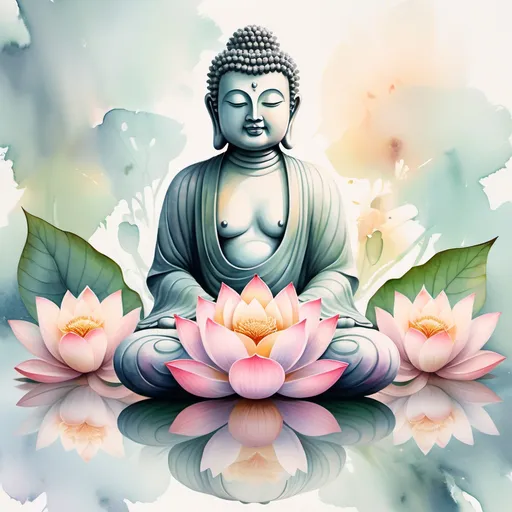 Prompt: Watercolor style Buddha lotus, delicate pastel colors blending harmoniously, ethereal and serene ambiance, soft brushstrokes creating a dreamlike effect, surrounded by gentle floating lotus petals, a tranquil setting that evokes peace and spirituality, high-quality art masterpiece, capturing the essence of enlightenment and meditation.