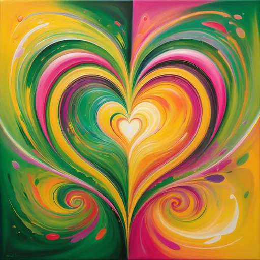 Prompt: Abstract art concept of a radiating open heart chakra, swirling vibrant colors, dynamic forms, and fluid motion, enveloping the canvas in an energetic glow, rich greens, luminous pinks, and golden yellows, expressive patterns creating a sense of love and harmony, maximally engaging and visually striking composition, ultra-detailed, high quality.