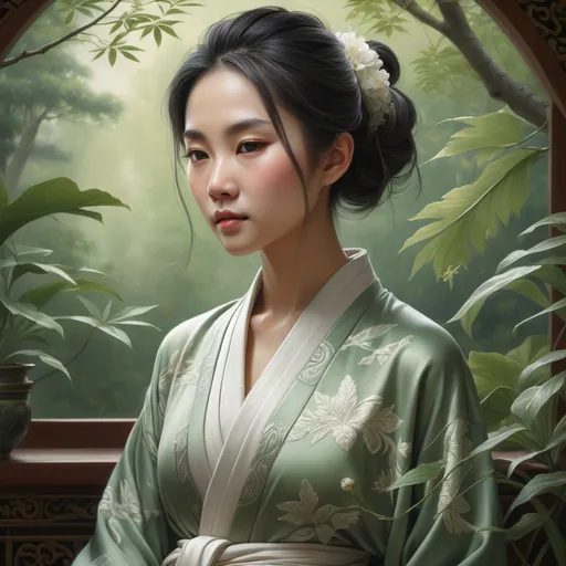 Prompt: Realism style depiction of Kian yin, intricate details, serene expression, surrounded by soft, natural light, peaceful ambiance, elegant, flowing robes, intricate patterns, subtle colors, tranquil atmosphere, delicate textures, lush greenery in the background, emphasizing harmony, high depth, ultra-detailed, masterpiece quality.