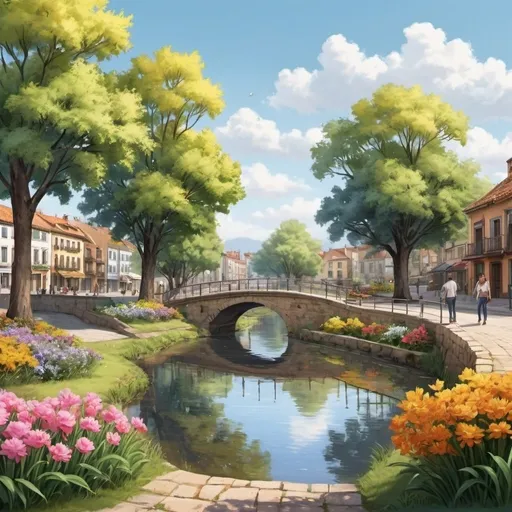 Prompt: Plaza en el campo con árboles flores y un rio con estilo de dibujo animado sin puente y sin casas
