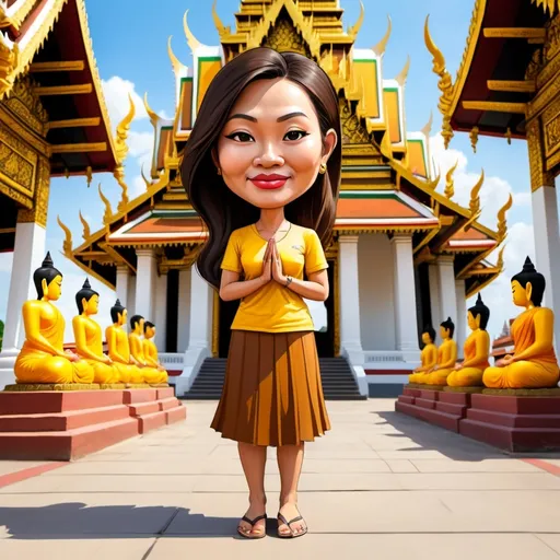 Prompt: A 4D caricature of a 42-year-old Thai woman wearing a yellow shirt, long skirt, long brown hair, and paying respects to the Buddha. The background is Wat Phra That Nong Waeng Kao Floor. Khon Kaen Province