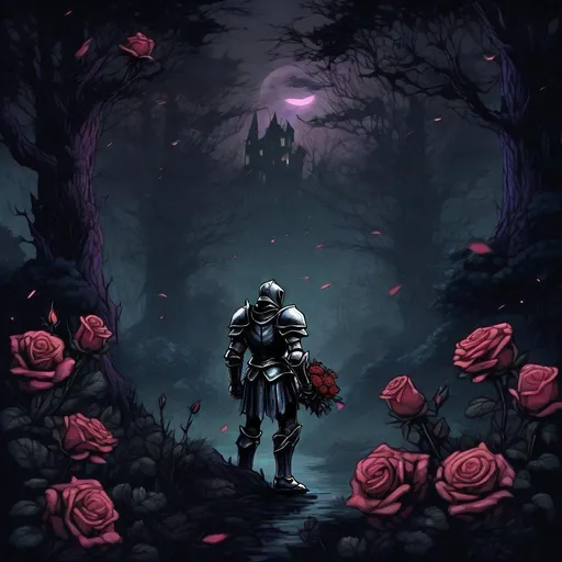 Prompt: dark fantasy theme, nighttime forest landscape, snes graphics, knight holding bouquet of roses