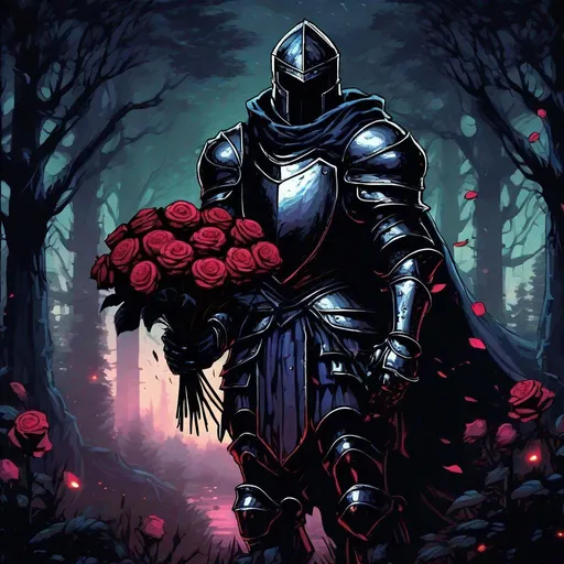 Prompt: dark fantasy theme, nighttime forest landscape, snes graphics, knight holding bouquet of roses, facing viewer