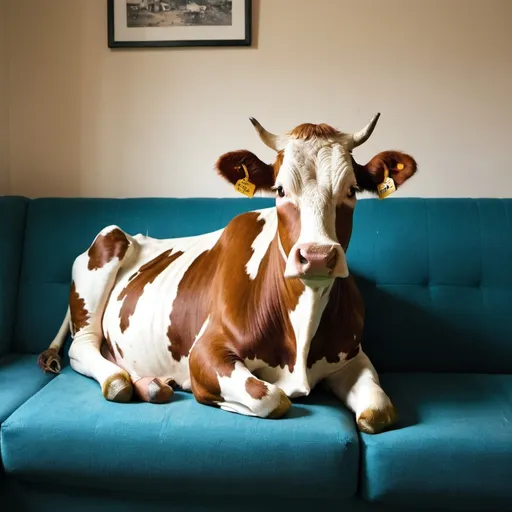 Prompt: A Cow sitting on sofa