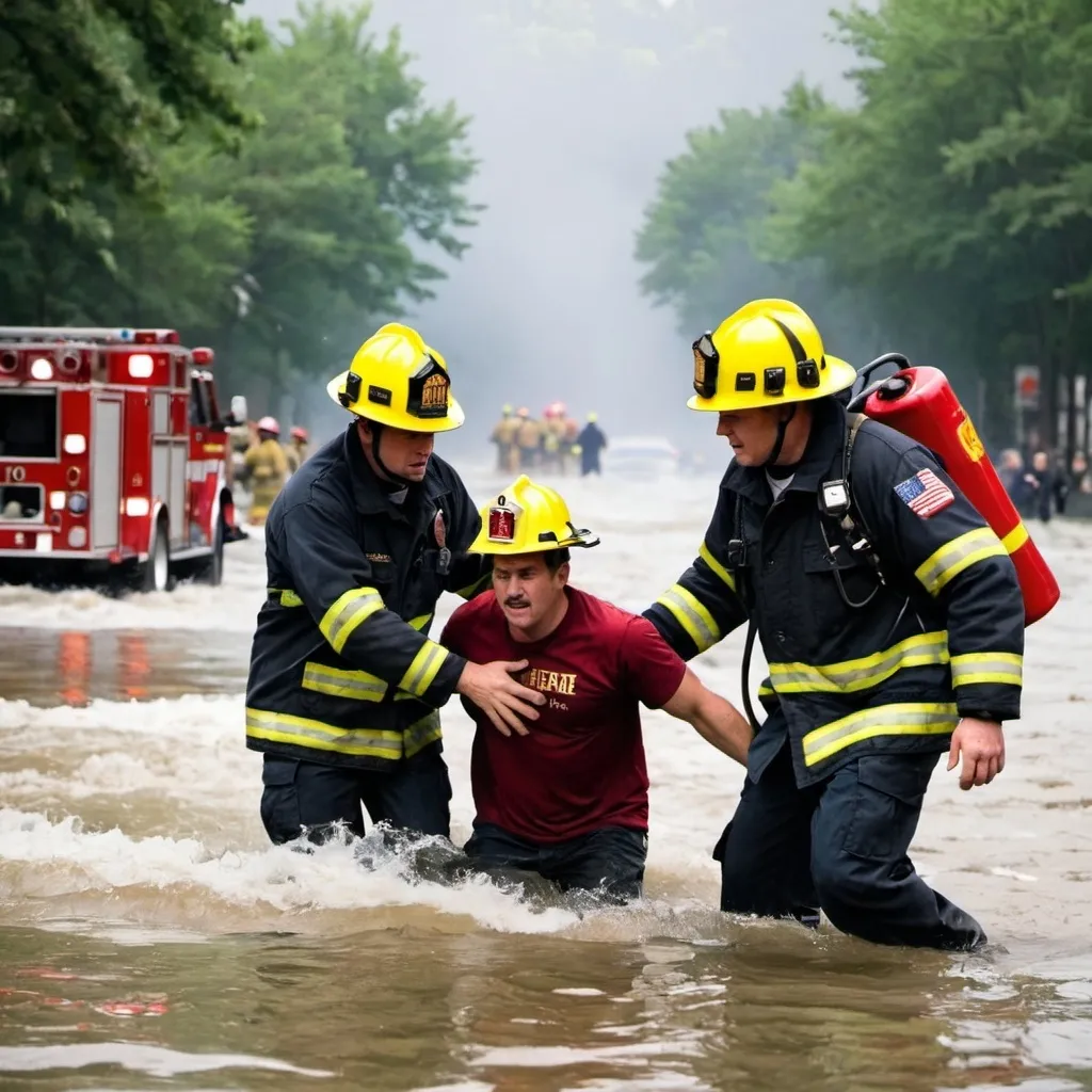 Prompt: Firemen rescuing people