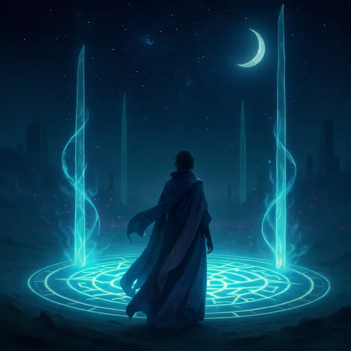 Prompt: This digital artwork portrays a mystical, otherworldly scene under a dark, starry night sky illuminated by a crescent moon. At the center, a lone figure stands with their back to the viewer, dressed in an elaborate, flowing cloak that shimmers in shades of blue and white, adorned with intricate patterns. The figure's gender is not discernible from the rear view. Surrounding them is a vast, glowing, circular magical sigil etched into the ground, emitting a bright, ethereal light that contrasts with the dark surroundings.

Tall, slender, and partially transparent pillars rise from the sigil, their tops disappearing into the sky, adding a sense of depth and mystery. Arcs of blue, glowing energy swirl around the pillars, enhancing the magical atmosphere. In the background, faint, blurred structures and orbs of light suggest an ancient, forgotten city or a realm of magic.

The overall color palette is dominated by cool blues and whites, with occasional hints of red and pink from lens flares. The texture of the artwork is smooth with a slightly glossy finish, emphasizing the luminous quality of the magical elements. The image evokes a sense of wonder and otherworldliness, blending fantasy and magic seamlessly.