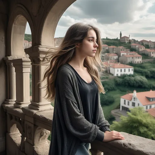 Prompt: Framed by weathered stone arches, a young woman leans thoughtfully against a railing, her long hair flowing gently in the breeze. She is dressed casually in a black top and light cardigan, exuding a relaxed yet poised demeanor as she gazes beyond the expansive view of a sprawling town below, dotted with houses and greenery. The scene captures an atmospheric blend of stillness and contemplation, enhanced by the soft, diffused light of a cloudy day. Rusting metal bars add a touch of age and history to the picturesque surroundings, emphasizing the unique vantage point of this elevated location. The overall mood radiates a sense of tranquility and introspection, inviting the viewer to ponder the beauty of both the landscape and the moment.