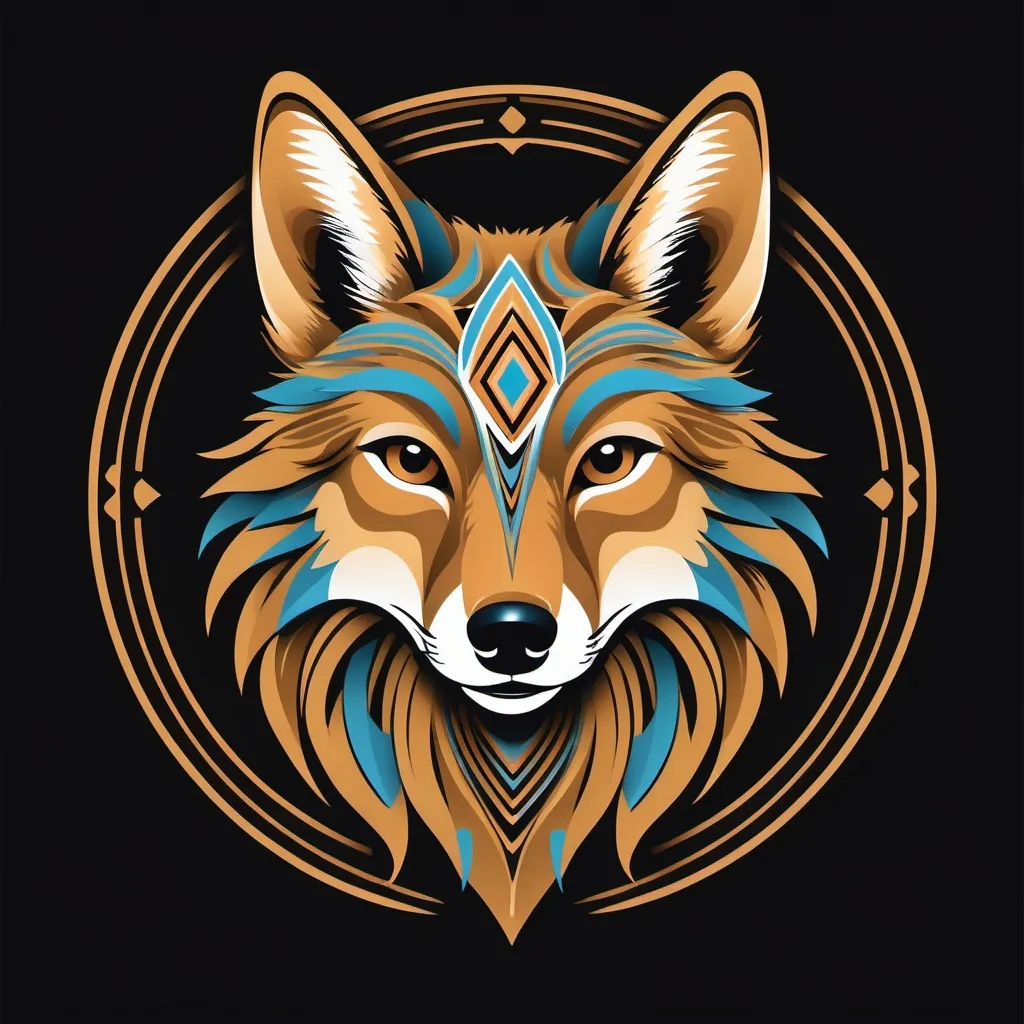 Prompt: please create an abstract symbol that includes a coyote face, awareness, happiness and prosperity.  feel free to be creative.  please use a black background

