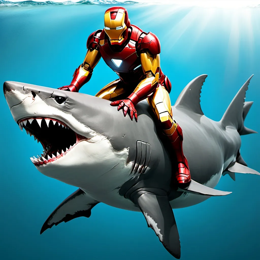 Prompt: Iron Man (Tony Stark) riding a shark