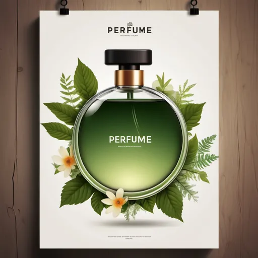 Prompt: make a poster of perfume with round bottle and a woody vibe with nature vibe




