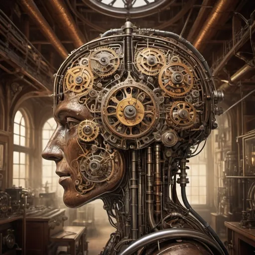 Prompt: inside the brain of AI,
inside the brain of man
background 1920 steam engine

