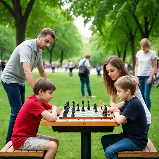 Prompt: kids and adults playing chess on chess board in Green park