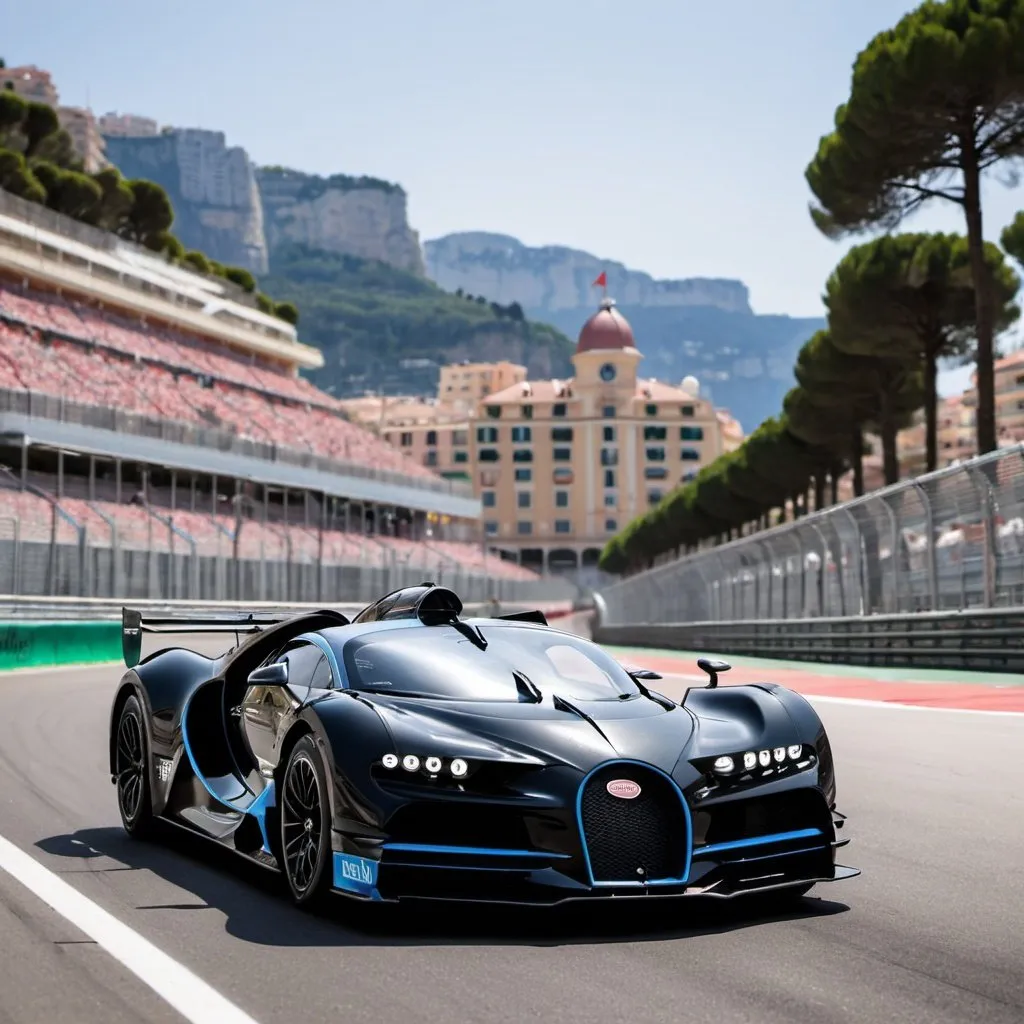 Prompt: a black bugatti bolide on the circuit of monaco