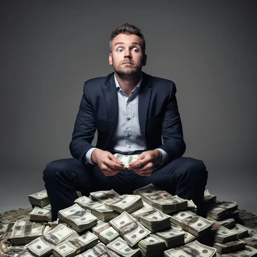 Prompt: Man sitting on a pile of cash with nowhere to spend it 
