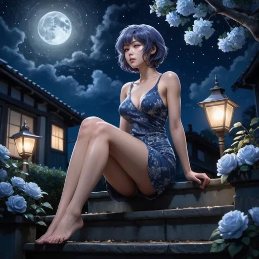 Prompt: (Motoko Faye Rose), sitting gracefully on her back steps, under a starry night sky, soft moonlight illuminating her features, (serene atmosphere), intricately detailed surroundings, wooden steps covered in lush night blossoms, delicate shadows casting an ethereal glow, cool tones of blues and silvers, (highly detailed) and nostalgic, (HD) "cinematic masterpiece".