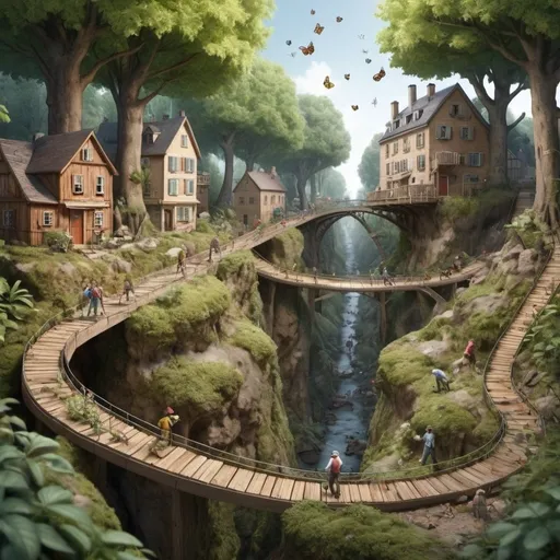 Prompt: "Illustration détaillée d'une ville de fourmis en forêt, à échelle réduite, montrant des structures miniatures comme des ponts, des immeubles, et des routes, le tout construit à partir de matériaux naturels comme des feuilles, des brindilles et des pierres. La scène est animée par des fourmis qui vaquent à leurs occupations dans une forêt verdoyante avec des arbres imposants en arrière-plan."