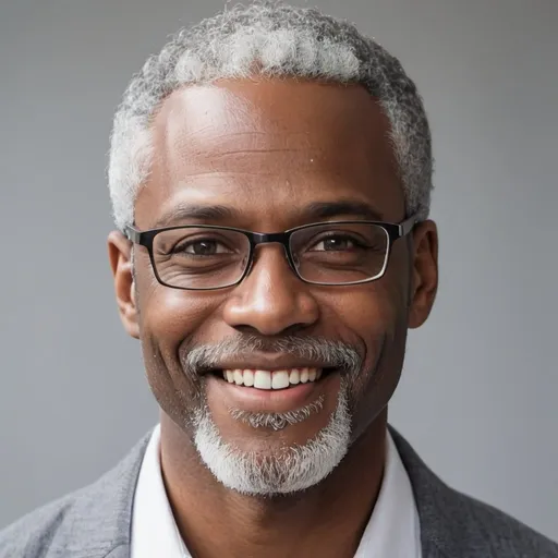 Prompt: À beautiful strong black man with delicate marron eyes, and grey hair and grey soft beard. He is smiling and wearing glasses 