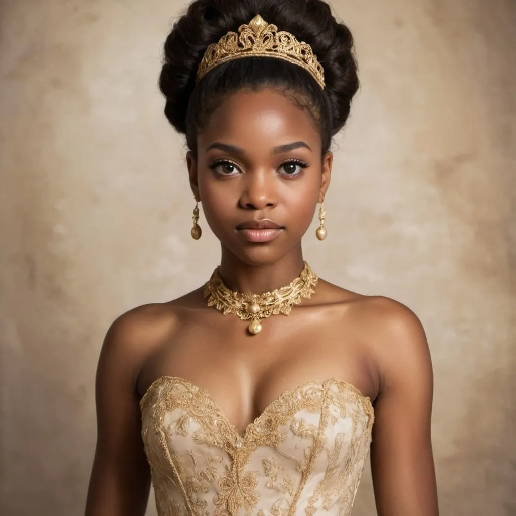 Prompt: À beautiful black woman with delicate marron eyes, wearing a Ball Gown made of golden laces.