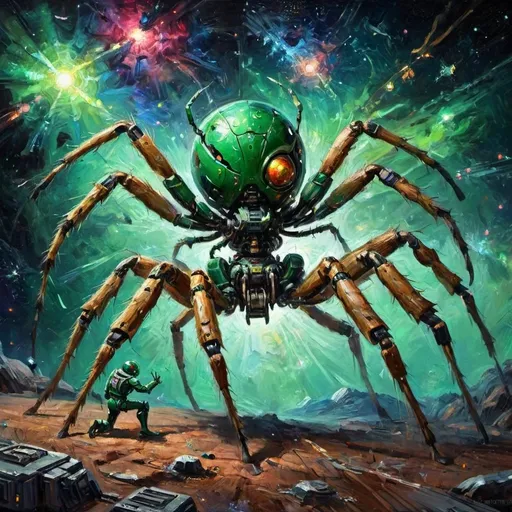 Prompt: giant robot spider battling a green ant in outer space, (futuristic technology), vibrant colors against a dark cosmic backdrop, thrilling dynamic pose, stars and nebulas in the background, (high energy and intense atmosphere), detailed mechanical components of the robot spider, 4K ultra-detailed digital artwork, epic illustration style, intense light effects illuminating the figures.