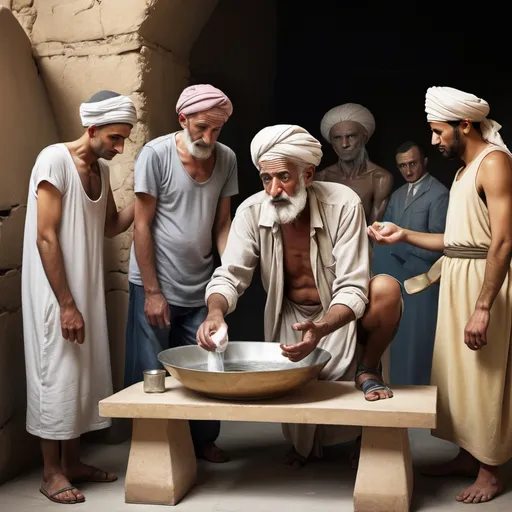 Prompt: old man egyptian man in turban washing hands in a bowl with a weighing scale on a table in front of him. with onlookers mocking a condemned man