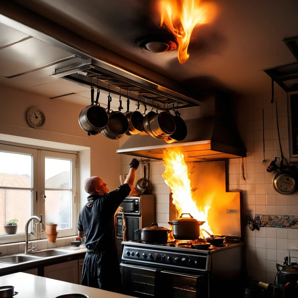 Prompt: fire flowing across the ceiling of a ktchen with pots on the cooker with fireman in the window