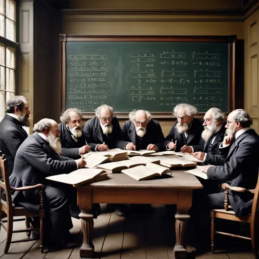 Prompt: group of old victorian proffessors sitting a hall debating maths with calculations on a chalk board