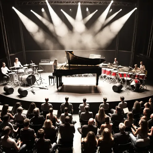 Prompt: piano on stage with drum kit with large audience