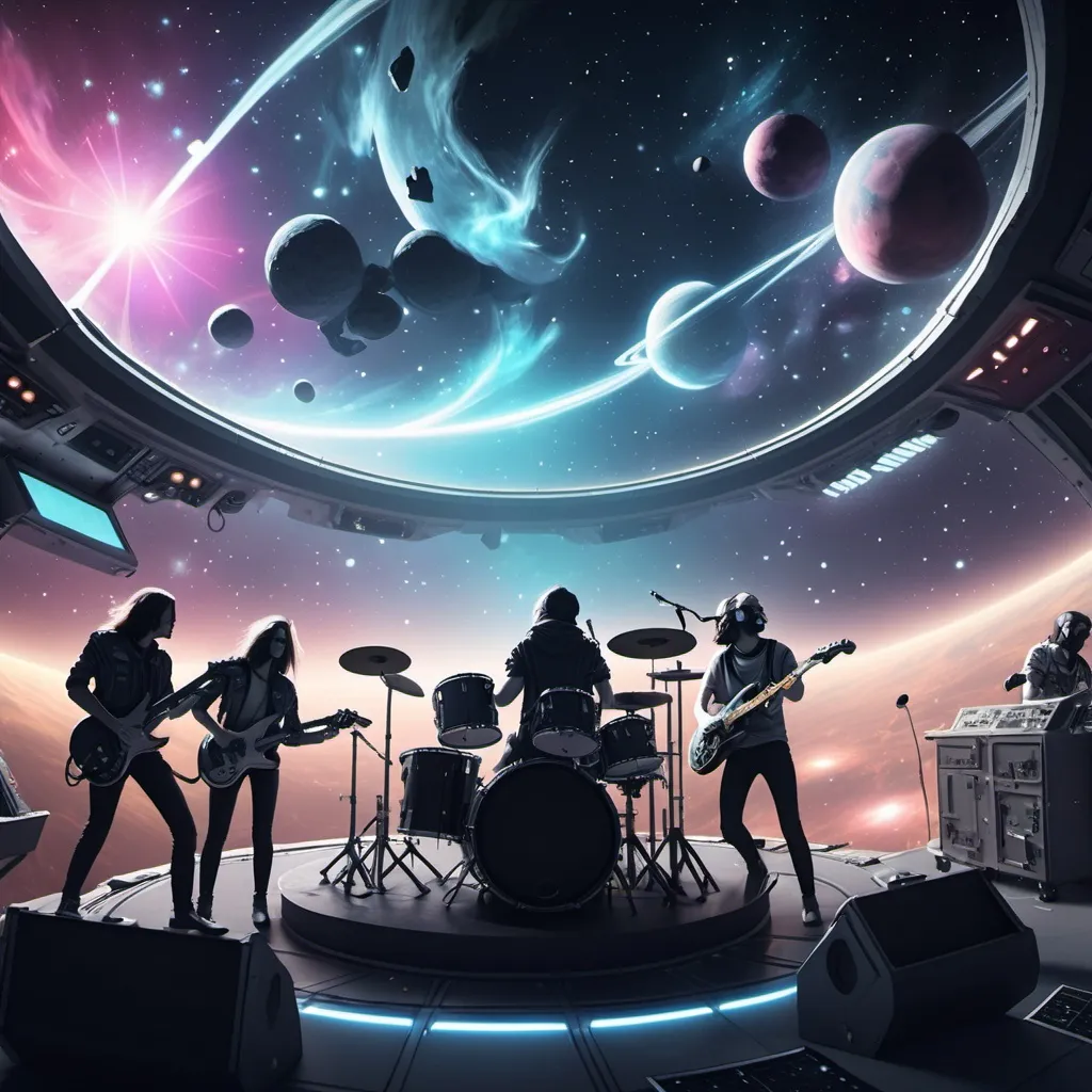 Prompt: rock band play at a gig on a space station with nebula and stars in the background