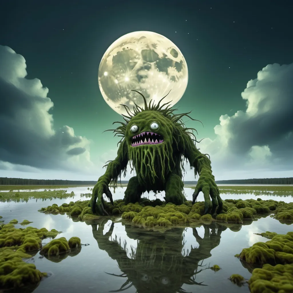 Prompt: seaweed covered monster rises from a swamp with moon in the sky and clouds 