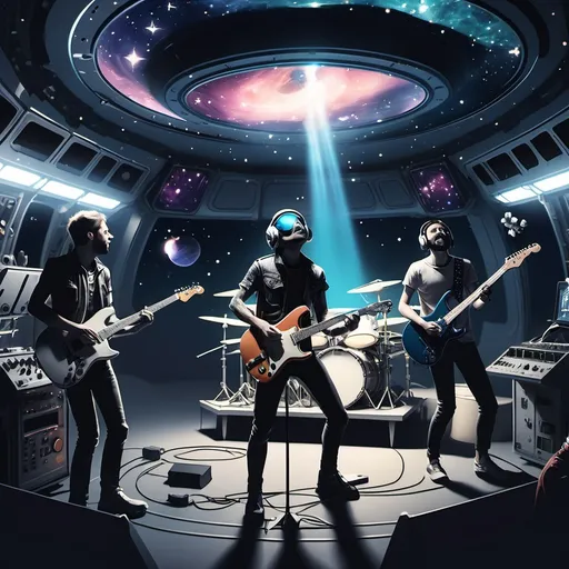 Prompt: rock band play at a gig on a space station with nebula and stars in the background