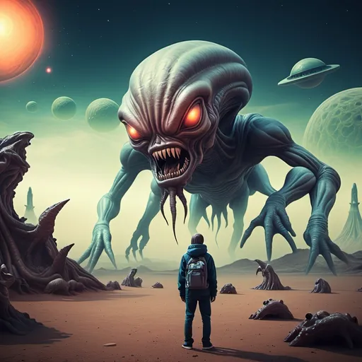 Prompt: visitor to alien planet with strange monsters all around 