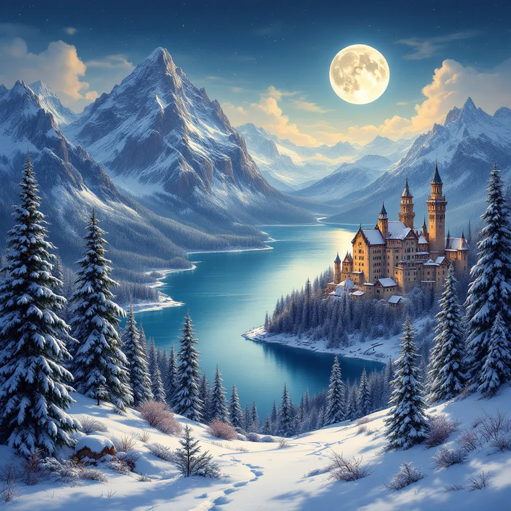 Prompt: landscapes from around the world with mountains,lakes  and castles in winter at night with a full moon
