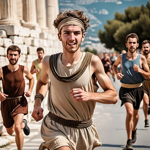 Prompt: young man running a marathon in ancient greece dressed in old clothes 