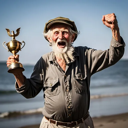 Prompt: old fisherman dancing a victory dance with trophy in hands