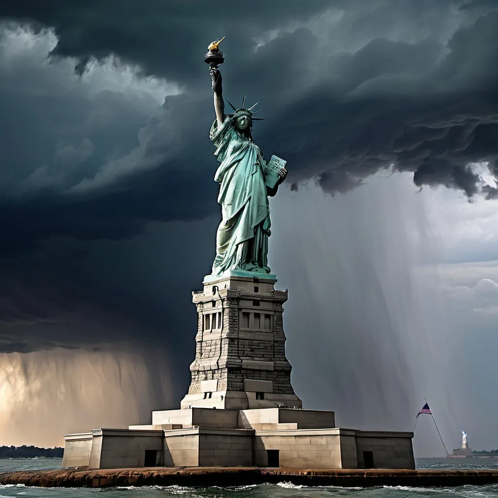 Prompt: A landscape vista on the staue of liberty from the sea in a storm