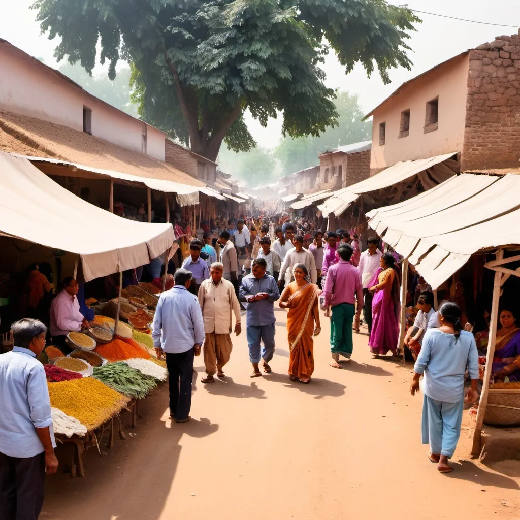 Prompt: indian market day in rural village with lots of people shopping