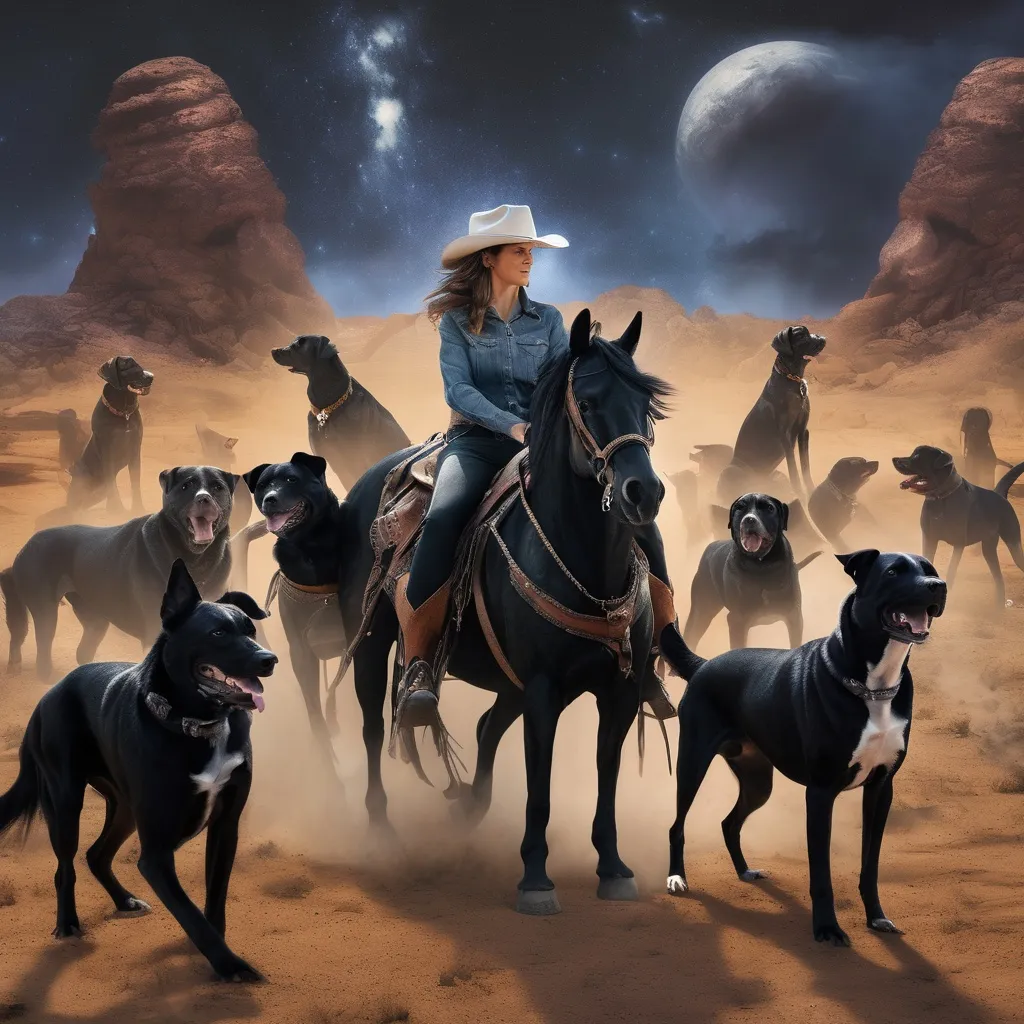 Prompt: woman riding black horse in cowboy clothes surround by dogs on a alien plaent