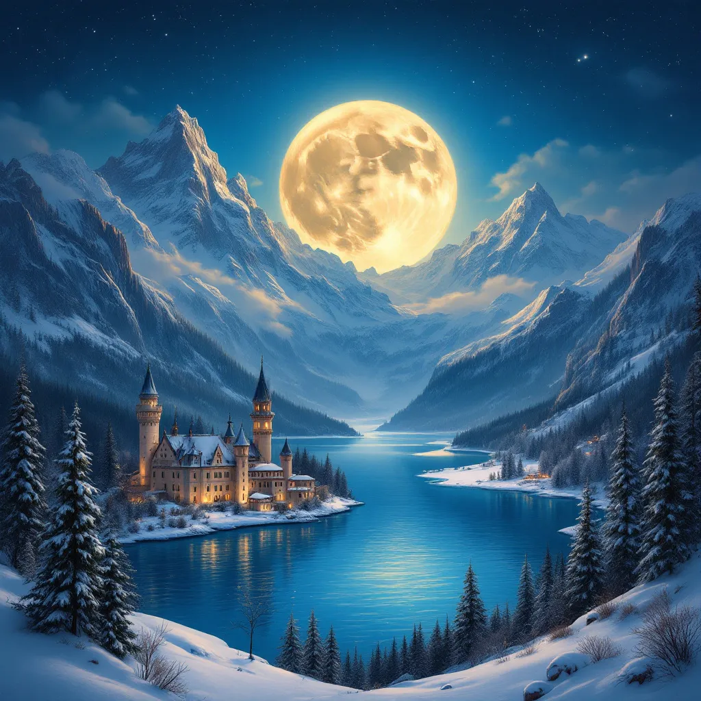 Prompt: landscapes from around the world with mountains,lakes  and castles in winter at night with a full moon