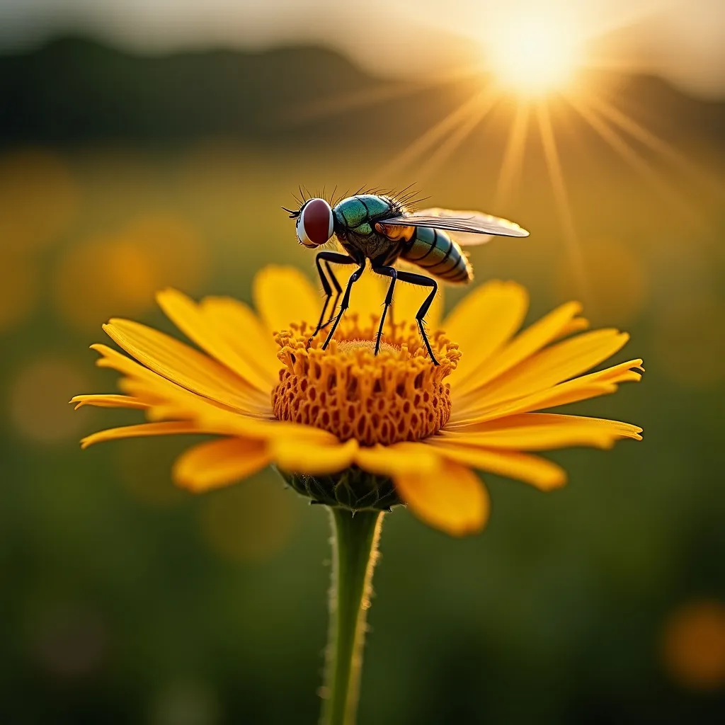 Prompt: firefly landing on a flower ina field