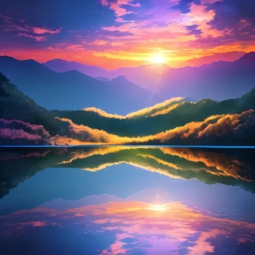 Prompt: A sunset in the mountians with refection in a lake