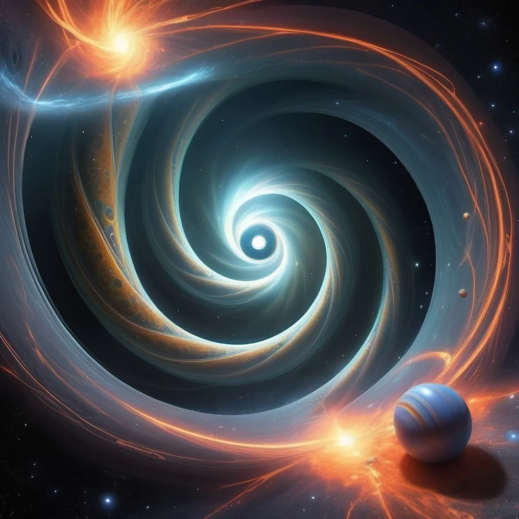 Prompt: portal between two alien planets comprising of a twisting vortex