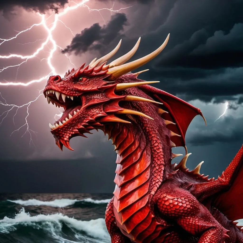 Prompt: Beared red dragon in a lightening storm at sea