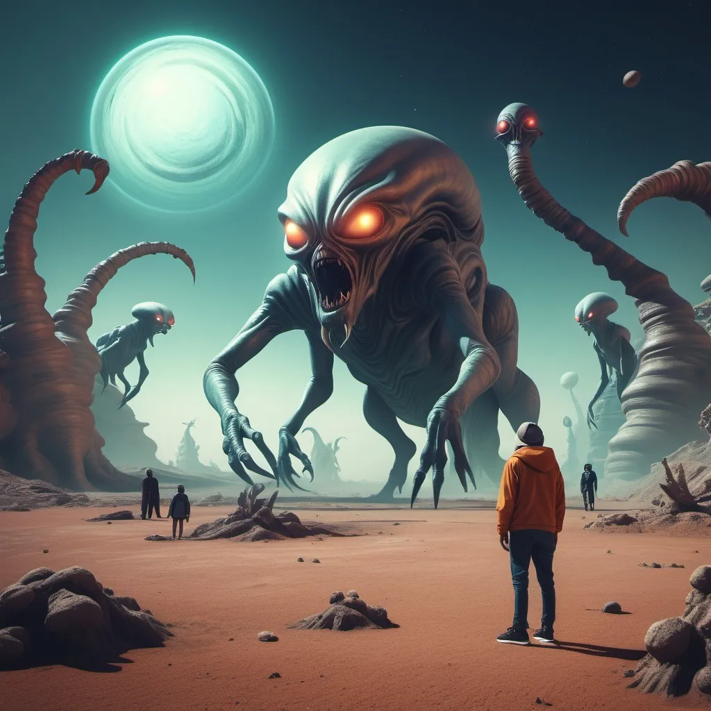 Prompt: visitor to alien planet with strange monsters all around 