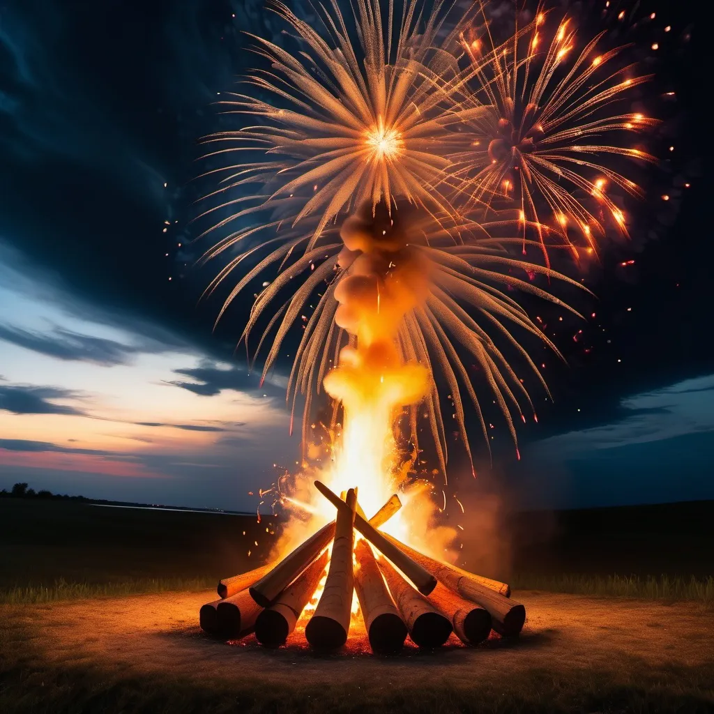 Prompt: tall bonfire with fireworks and clouds 