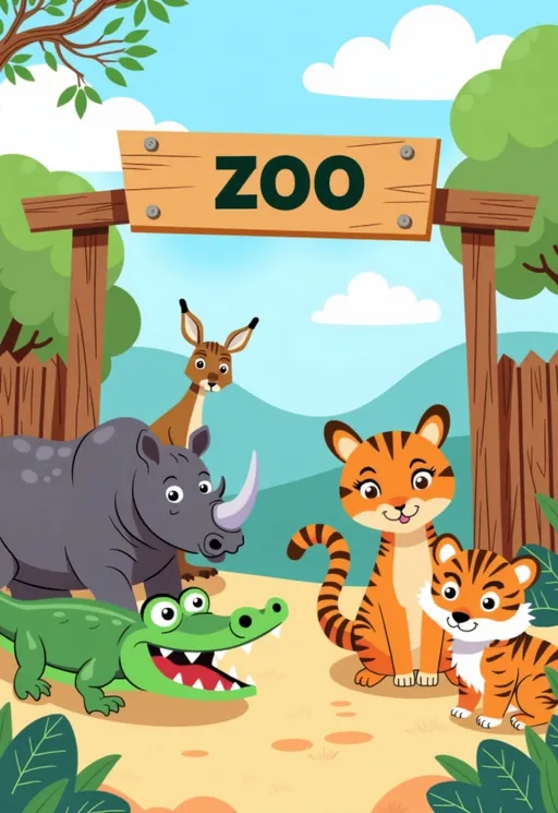 Prompt: A cute cartoon of the entry to a zoo with animals standing under a sign that says "zoo".  The animals are an alligator, kangaroo, rhinoceros, jackal, and a tiger. 