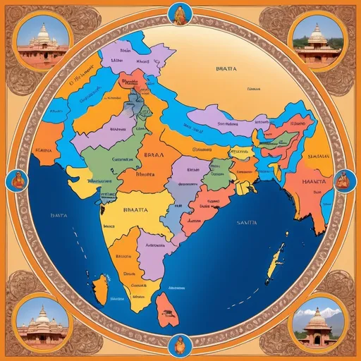 Prompt: Here's a potential image concept based on the verse from Vishnu Puranam:

Image Description:

A majestic landscape depicting the Indian subcontinent, with the following elements:

- The vast expanse of the ocean (samudra) in the foreground, representing the southern boundary.
- The snow-capped Himalayan mountains (Himadri) in the background, representing the northern boundary.
- The landmass between the ocean and the Himalayas, representing Bharata, is depicted in a warm, golden light, symbolizing the rich cultural heritage and fertile soil.
- A subtle outline of the Indian subcontinent's shape is visible, with the Indo-Gangetic Plain, the Deccan Plateau, and other geographical features hinted at.
- In the center of the image, a stylized representation of Bharata, the legendary emperor, is shown, surrounded by his descendants (santati), symbolizing the continuity of the Bharata lineage.
- The descendants are depicted as a diverse group of people, representing the various regions, cultures, and communities of India, all united under the banner of Bharata.
- The image is framed by intricate borders, reminiscent of ancient Indian art and architecture, with motifs and patterns that reflect the country's rich cultural heritage.

This image concept captures the essence of the verse, showcasing the geographical boundaries and the cultural significance of Bharata, the land and its people.