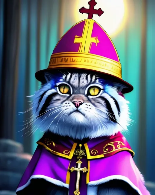 Prompt: Anime-inspired photo of a Pallas cat wearing a pope hat, vibrant colors, detailed fur with anime-style shading, mystical fantasy setting, ethereal lighting, high quality, RPG game-style, detailed eyes, regal pope hat, mystical, vibrant colors, fantasy, anime, detailed fur, ethereal lighting
