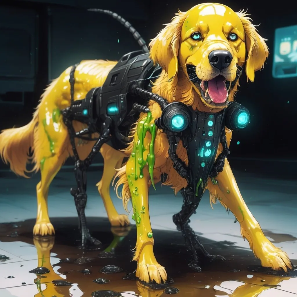 Prompt: **A cybernetic golden retriever with mask eating insect exoskeleton covered in slime fungus pores, anime-inspired, noir-inspired, horror, on 16 legs, drooling, shark teeth, centipede body, crawling on the floor** -